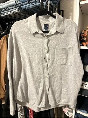 GAP Light Gray Button-Up Collared Knit Top